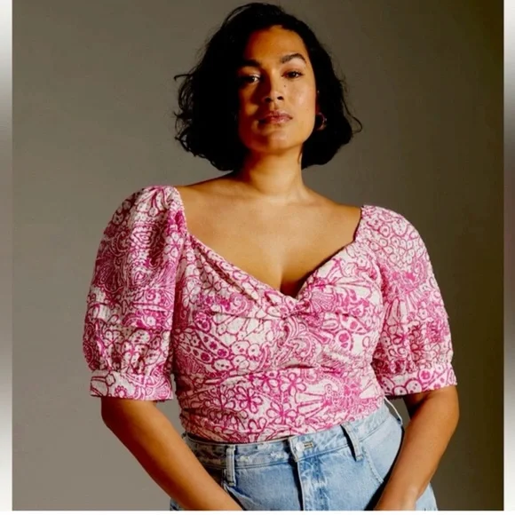 Anthropologie Pink Floral Puff Sleeve Blouse - Picture 1 of 6